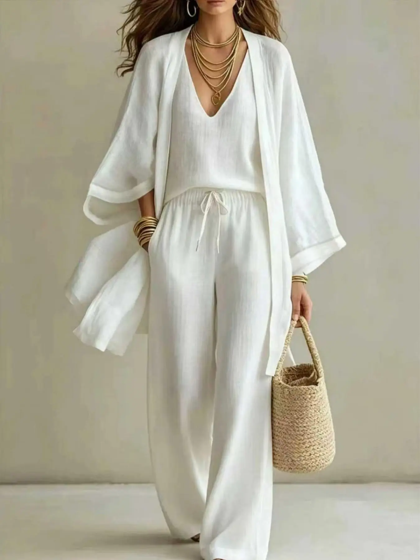 Women's Boho Style Three-Piece Set, Casual Loose-Fitting Vest and Pants, Spring & Fall Fashion, Plain Design, Regular Length