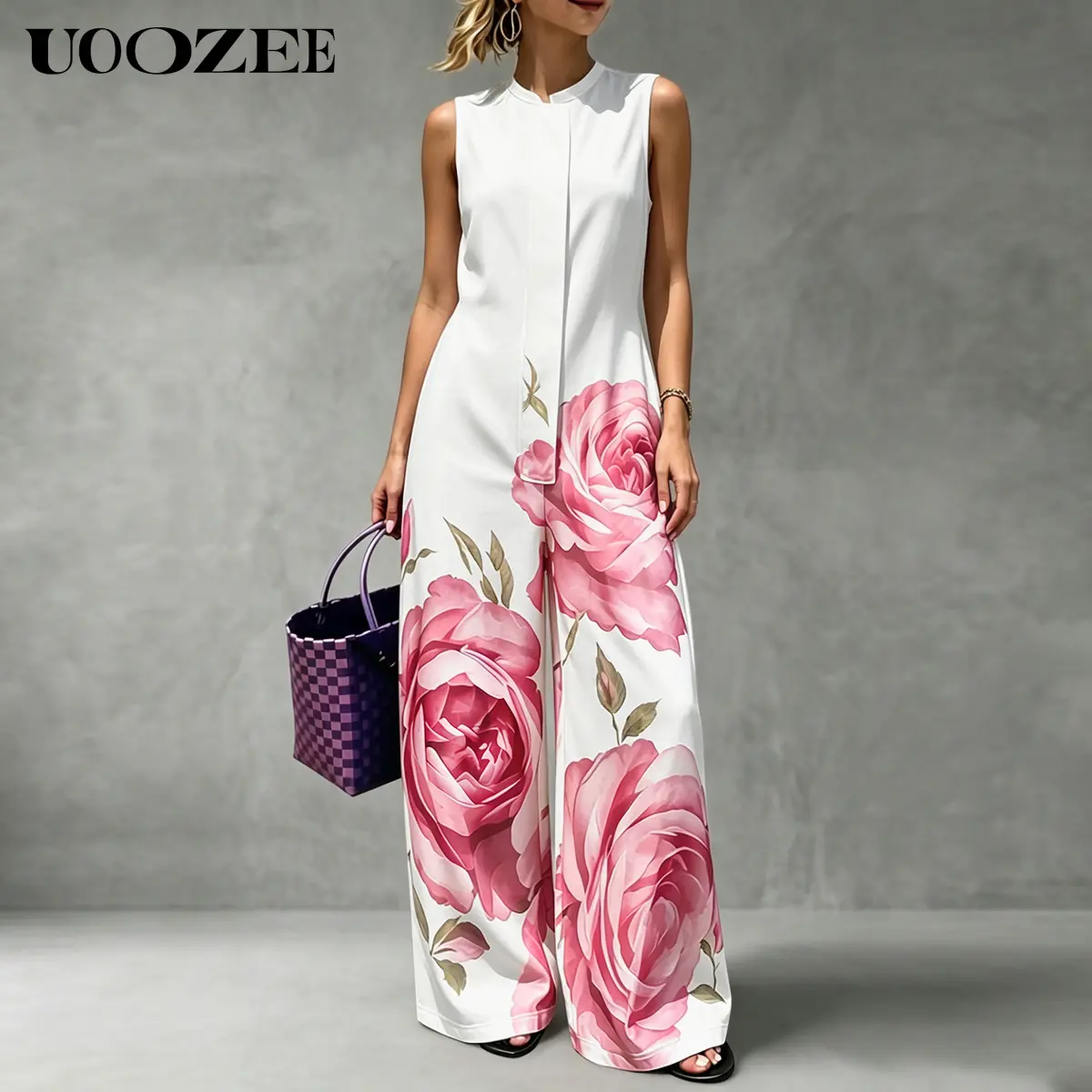 UOOZEE Women's Minimalist Jumpsuit, Elegant Sleeveless Rose Floral Print, Silky Wide Leg Party Outfit for Wedding Guest with Pockets, Earrings, Beach, Bag, Hat