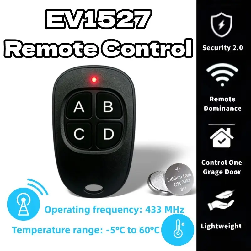 2-Pack Ev1527 Remote Control, 1-4 Button RF Remote, 433mhz Universal Wireless Garage Door Controller, Battery-Powered, Universal Compatibility