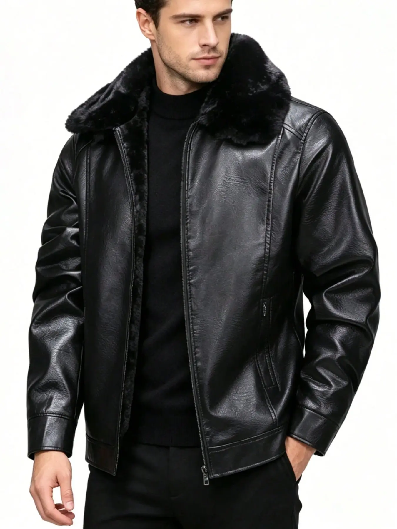 Men's Large Fur Collar PU Leather Jacket, Winter Thickened Warm Windproof Coat, Stylish and Comfortable Outerwear for Cold Weather