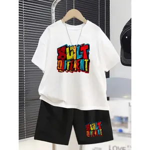 [Summer] Teen Boys Built Pattern Casual Short Sleeve Set, Suitable Ages 5-6, 6-7, 8-10, 12-14, 14-16- Accessories Not Included, Outdoor Sports T-Shirt and Shorts 2pcs Set, Choice, Perfect for Outdoor, for Teenager