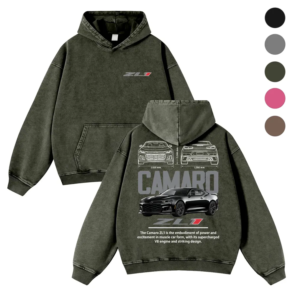 Men's Thick Cotton Casual Hoodie - 380g Menswear Top, Modern Supercharged Muscle Car Dimension Blueprint Back Print, Autumn Vintage Washed Graphic Sweatshirt