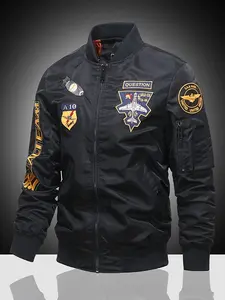 Spring Autumn Men's Slim Fit Nylon Flight Jacket, Letter Embroidery Motorcycle Jacket, Multi-Pocket Fashion Casual Outerwear, Hiking, Cycling, Outdoor Sports