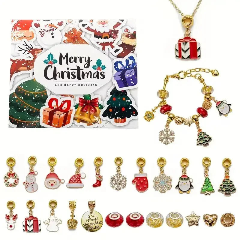 2026 Christmas Countdown Calendar DIY Bead Set, Alloy Jewelry Advent Tree Bracelet Gift Box, Ages 14+, Perfect Holiday Craft Kit