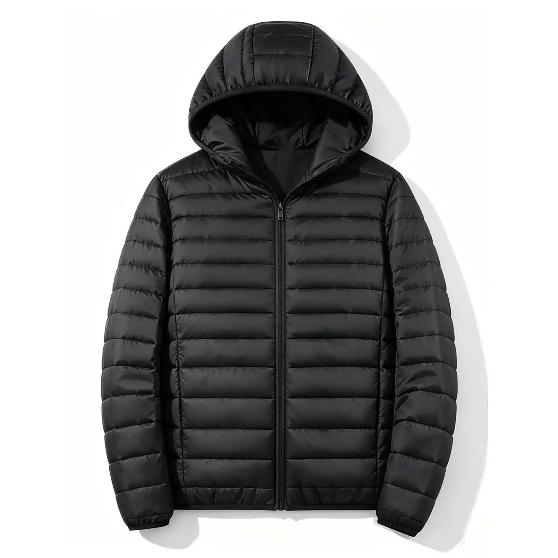 Men's Lightweight Hooded Quilted Puffer Jacket - Short Zip-Up Casual Windproof Warm Winter Outerwear Tops full front