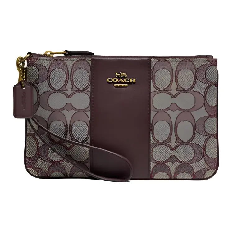COACH Wristlet 19 Small Handbag for Women – Monogram Canvas and Leather with Zip Closure, Dark Brown