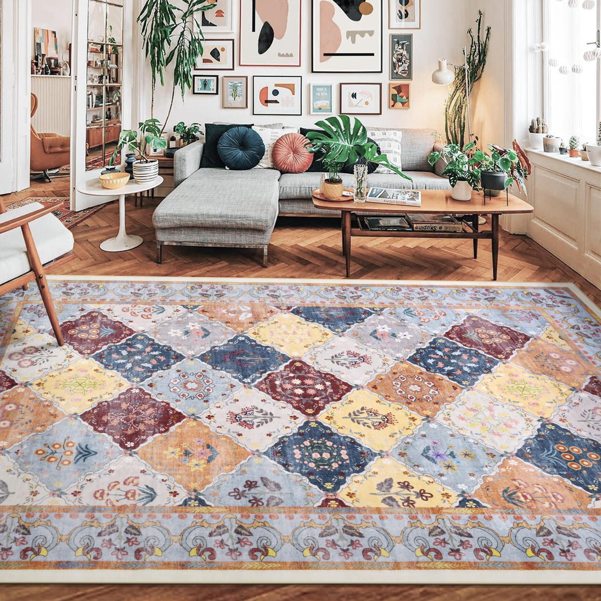 Boho Patchwork Retro Area Rugs 6' x 9' ,Soft Plush Non Slip Backing,Bohemian Style Area Rug Colorful Floral Patterns,Perfect for Living Room,Bedroom,Kitchen Closets,Carpet for Dressing Room, Brown, Blue, Grey, Orange,4x6,5x8,6x9 Feet