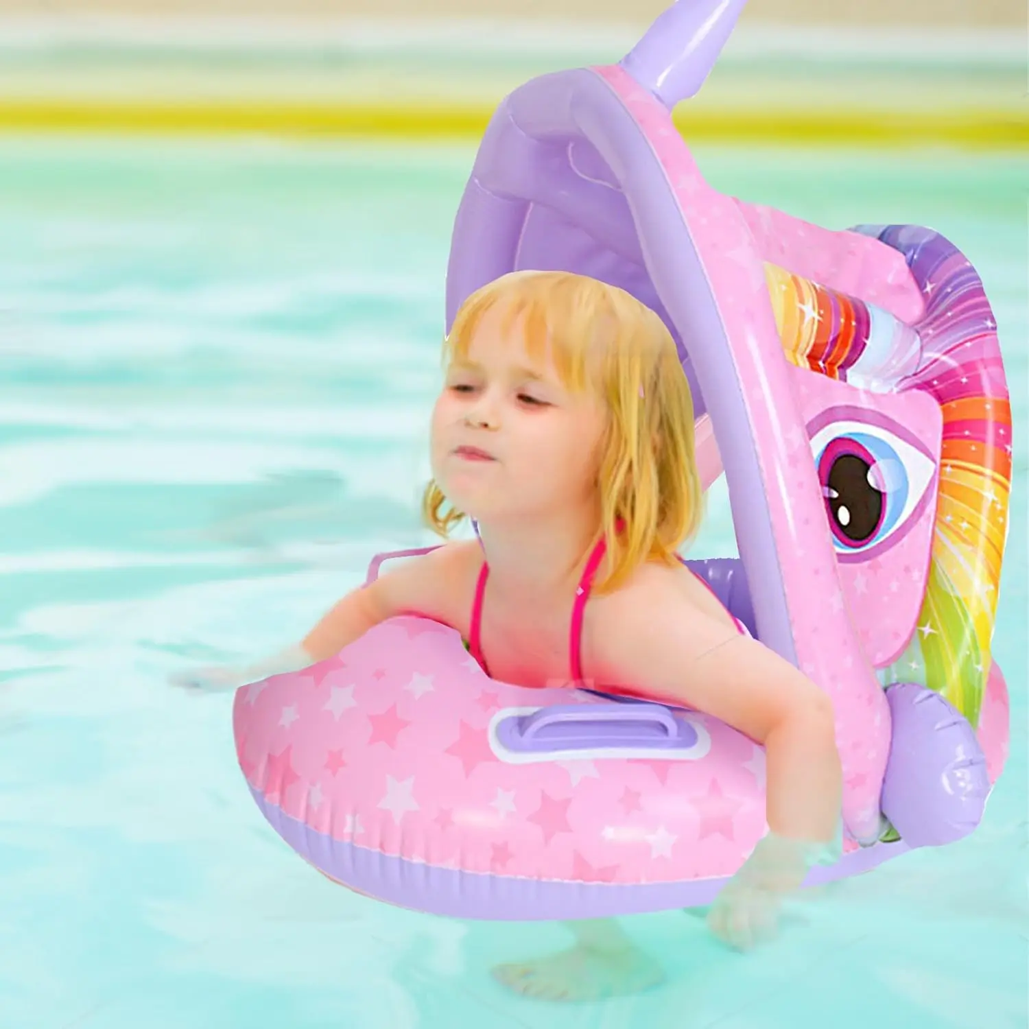 Inflatable Toddler Pool Float with SunShade Canopy, Baby Swim Ring with Safety Seat& Easy-Grip Handles, Durable Thick PVCConstruction, Cute Cartoon Designs, PortableFloat for Backyard Pools, Beach Trips & Lake Days summerwins campingessentials