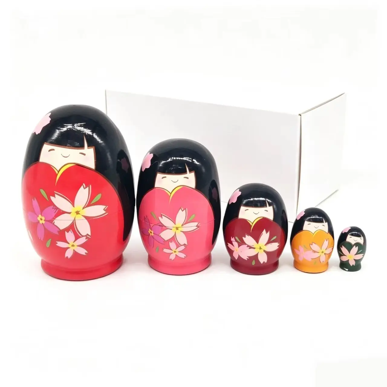 Five-Layer Japanese Girl Russian Doll, Hand-Painted Wooden Nesting Toy, Eco-Friendly, Educational, Home Decor, Gift Idea