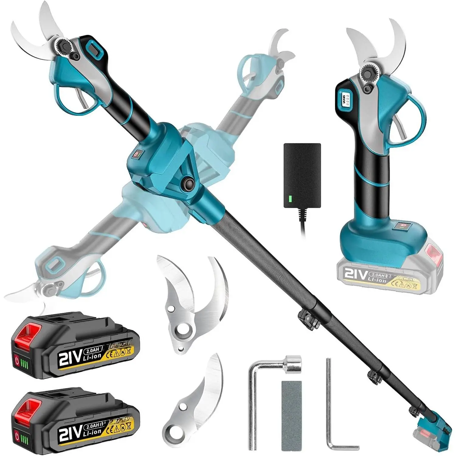 2-in-1 Electric Pole Pruning Shears-1.9" Opening Diameter,2*2.0Ah  | 1000W Brushless Cordless Pruner,Up to 14FT , LCD Display,SK5  + Extra  Branch  for Gardening Trimming