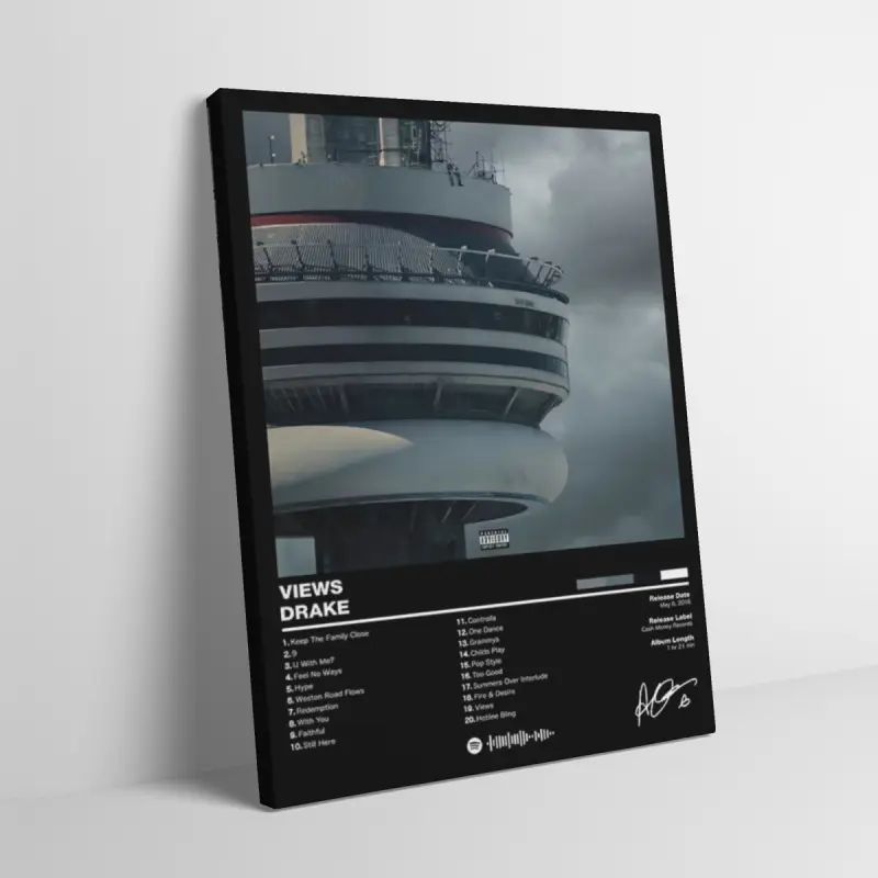 Drake singer Views Album Canvas Art And Prints For Walls - Cloudy Foggy Modern Tower High Architecture View Poster Wall Hanging, Retro Hip Hop Rap Music Tracklist Fabric Poster paintings, Minimalist Aesthetic Room Decor Dorm