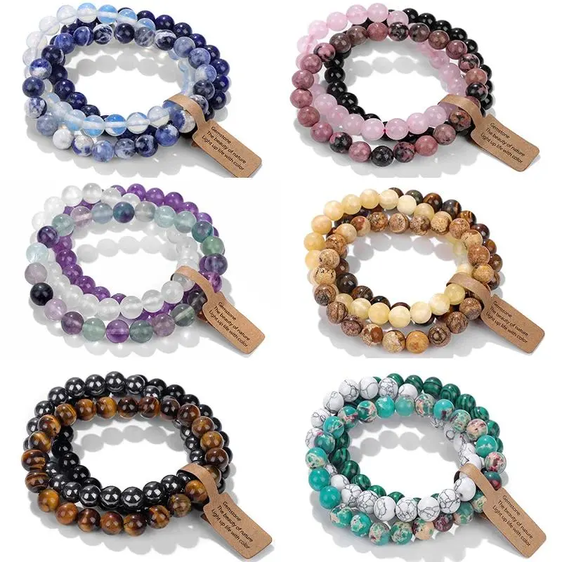 3PCS Mixed Beads Stretch Bracelet Set - Artificial Multiple Stones Including Natural Rose Quartz, Opal, Turquoise, Amethyst, Hematite, Jasper with Varied Hues - Jewelry Gift for Women