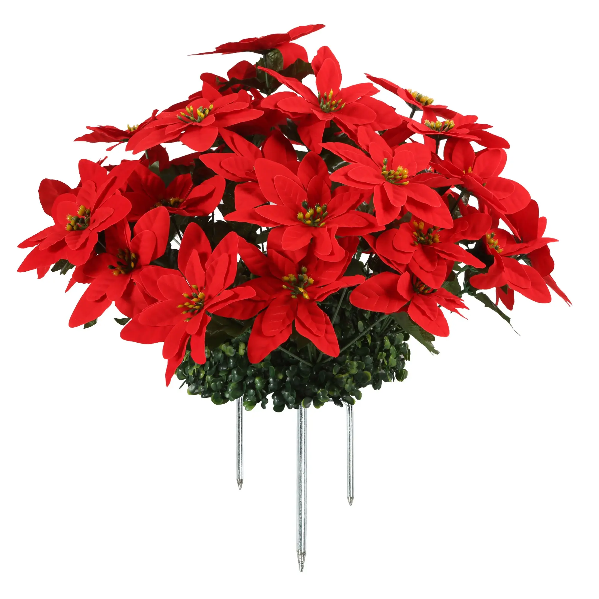 Realistic Poinsettia Christmas Ground Stake Flowers, Holiday Flower Cluster Metal Triple Stake, Outdoor Garden Front Door Winter Christmas Decorative Fake Flowers, Outdoor Decorations
