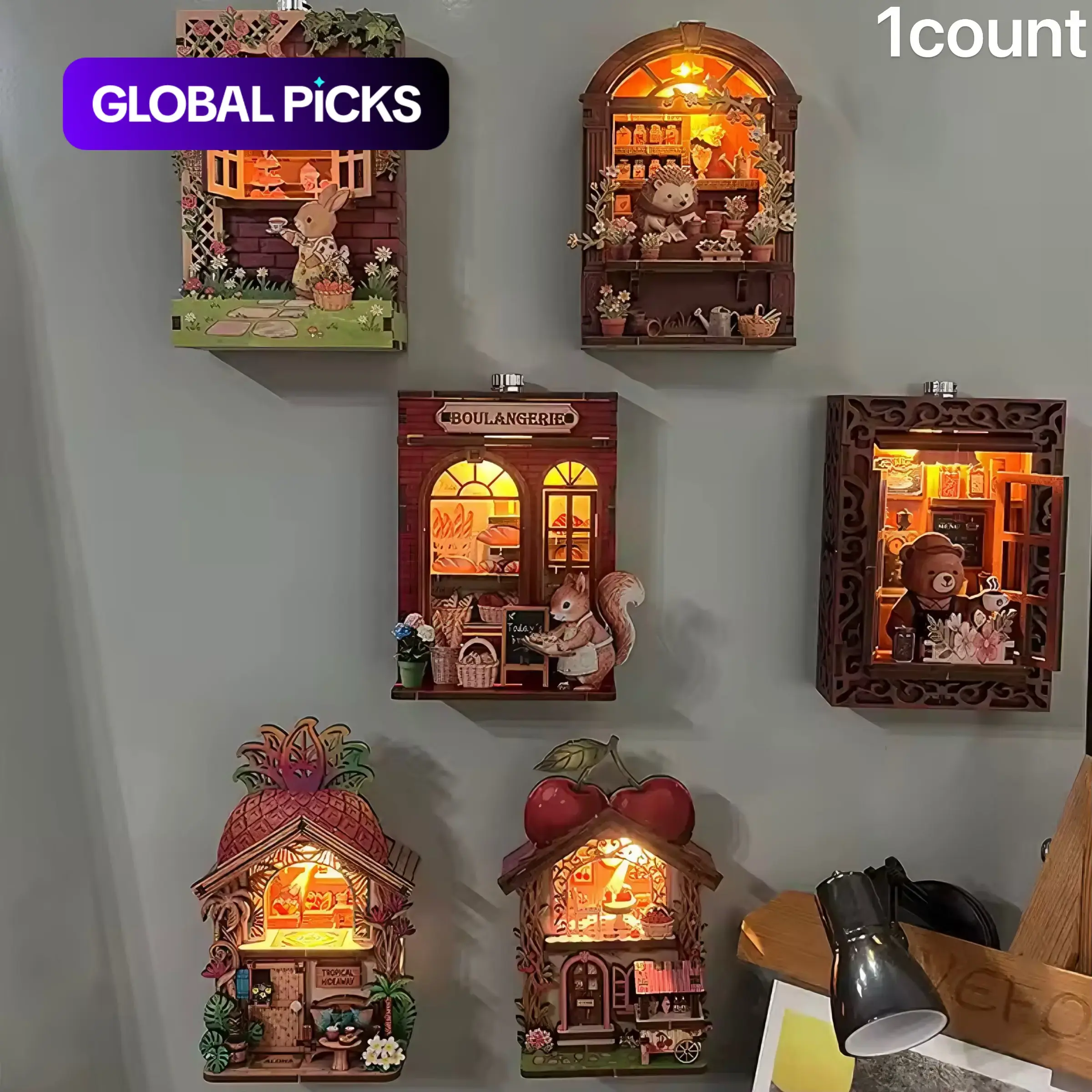 Fridge Magnet DIY Book Nook Kit, Wooden 3D Puzzle Toy, Dollhouse Shop Animal Mini House, Creative Assembly Model, Decorative Furniture, Miniature Set #GLOBAL PICKS