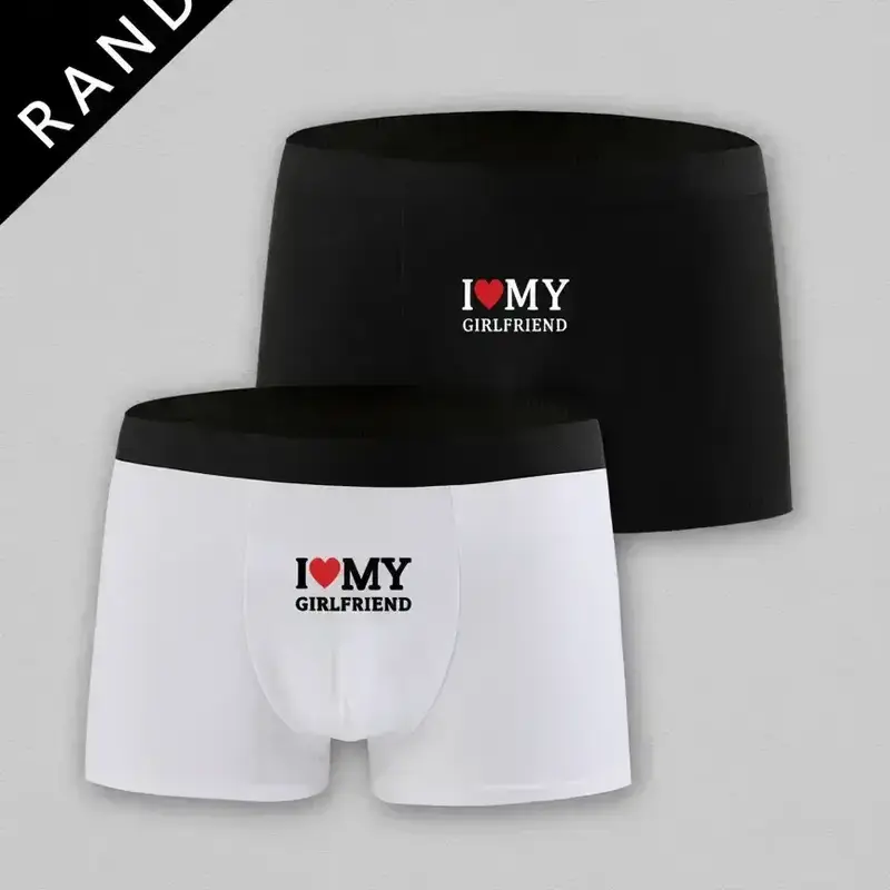 Men's Comfortable Soft Thin Classic Briefs, Casual Fitted Underwear, I Love My Girlfriend Print, Random 2 Pack, All Seasons, Lightweight Underwear, Casual Breathable Underwear