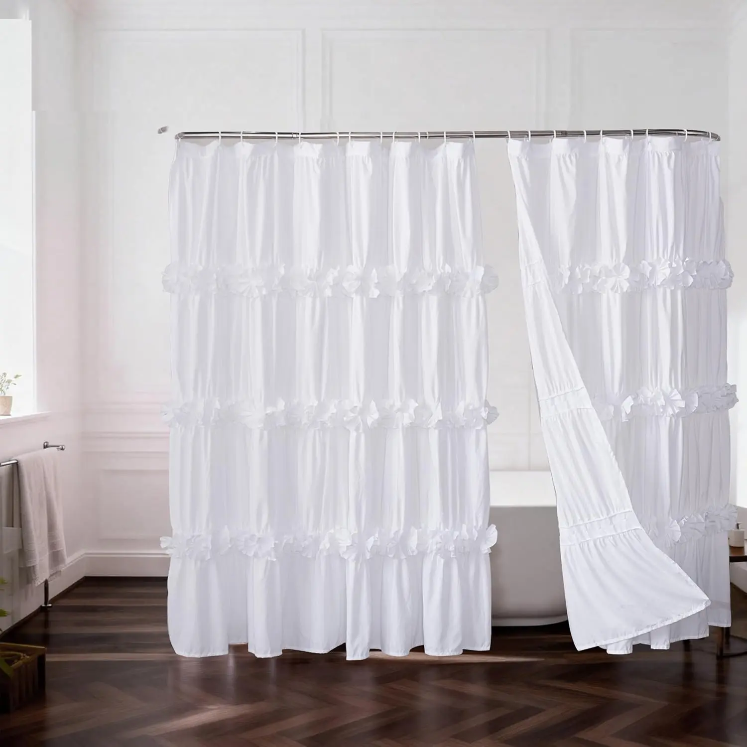 Homechoice Decor 2-Piece Fabric Shower Curtain Set, Double Panels for Easy Access, Soft Brushed Texture, Elegant Ruffle Design, Hotel-Style Bathroom Décor, 72" W x 72" L x 2 Panels, White (LQ-44)