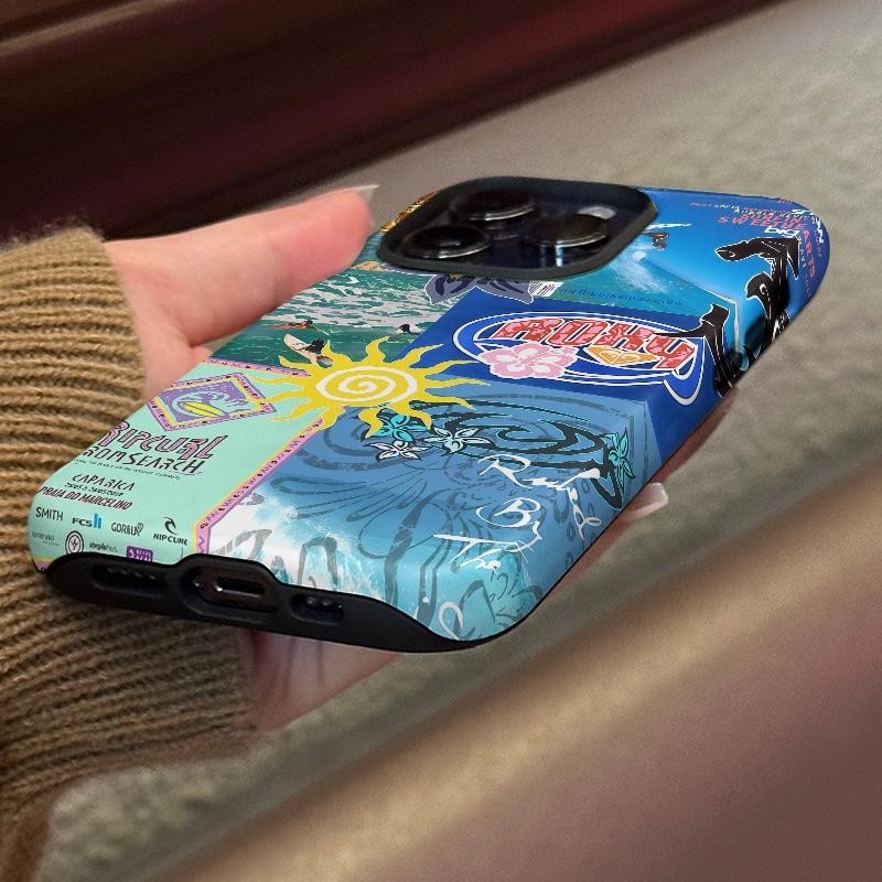 Beach Vibes Phone Case , Y2K Surf Magazine Collage with Bold Colors, Shockproof Rugged Cover Dual Layer Soft TPU Hard Bumper Shell for iPhone 7 8 X XR 11 12 13 14 15 16 17 Pro Max Plus Air