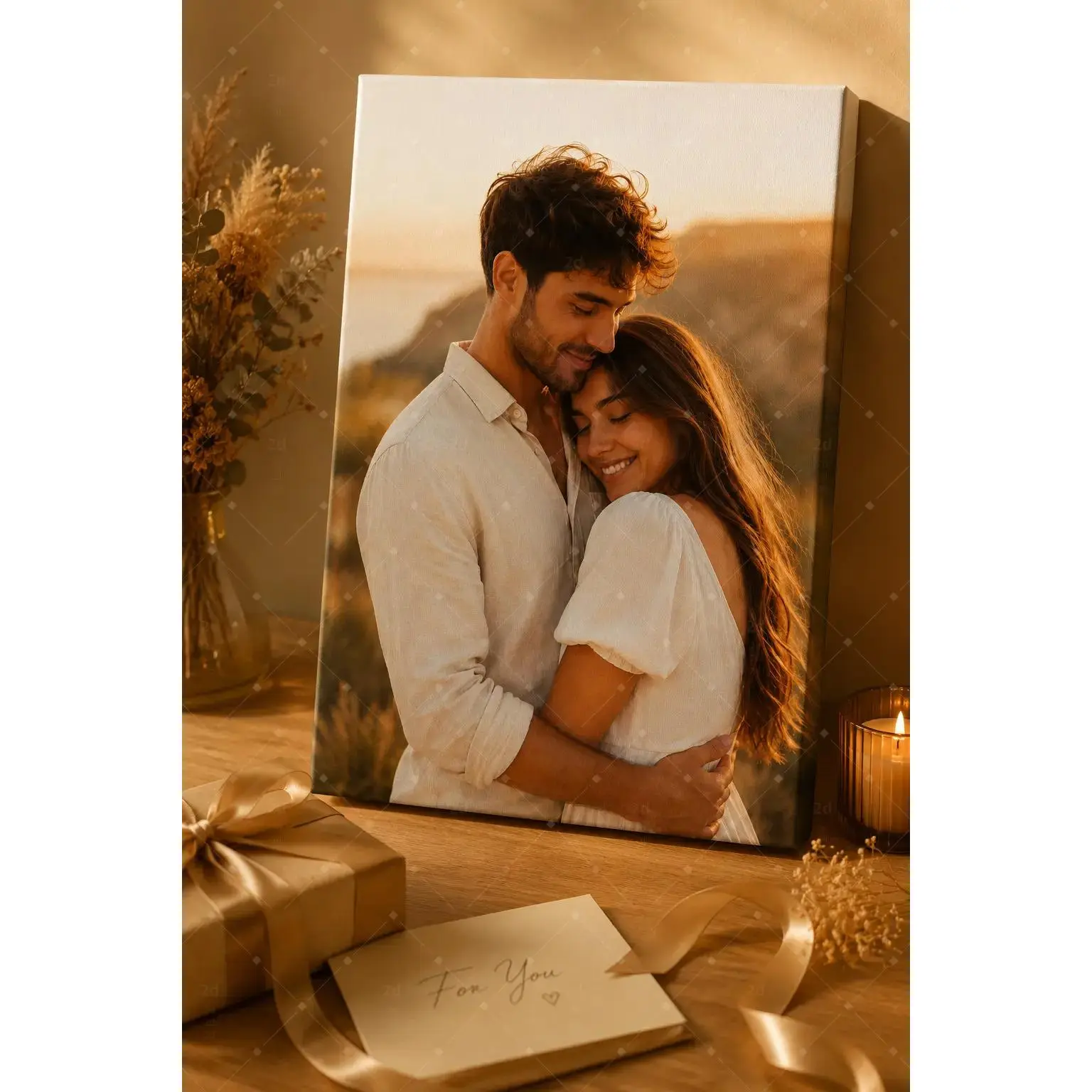 Custom Sunset Outdoor Couple Portrait Canvas Wall Decor Poster, Personalized Romantic Lover Photo Print, Wall Art for Bedroom Living Room Apartment, Decor Poster Print, Available as Unframed Canvas Poster or Framed Canvas Wrap