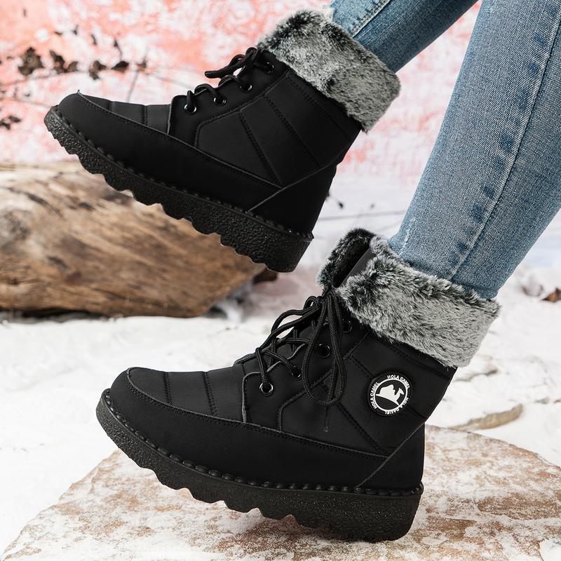 Women's Snow Boots Insulated Waterproof Winter Boots for Women Warm Fur Lined Booties High-heeled Snow Boots Lace-Up Mid-Calf Design Faux Fur Cozy Warm Black
