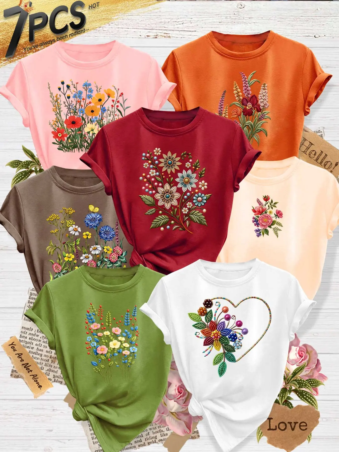 7Pcs Women Heather Crew Casual Top, Ethnic Heart Bouquet Wild Daisy Print, multi-color, washable, soft spring summer tee