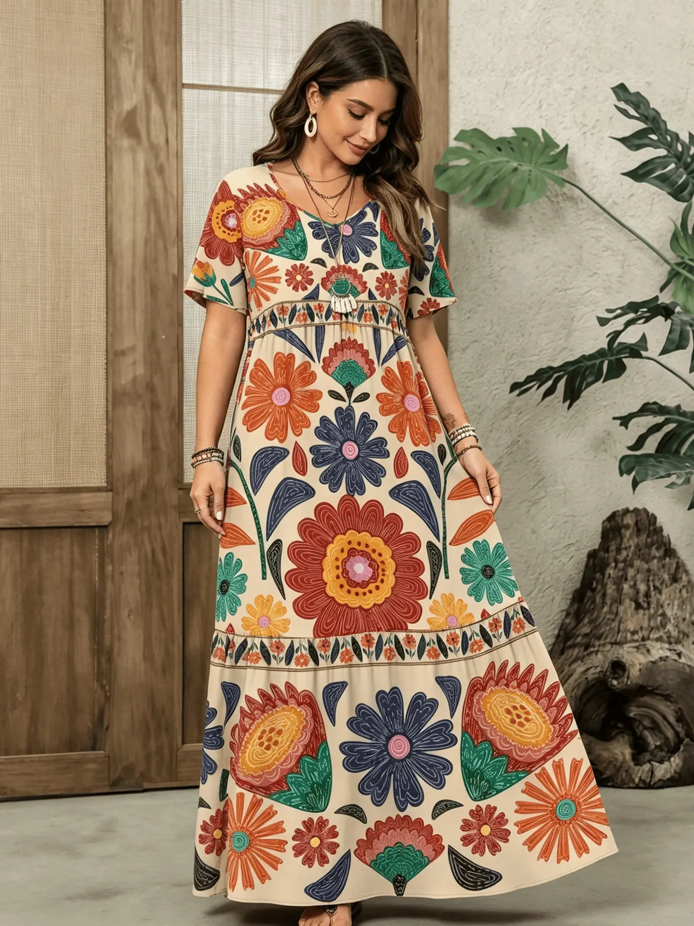 Plus size women's plus size fashionable random geometric print pattern short sleeved long dress, layered cake skirt to decorate the body, suitable for commuting and indoor/outdoor wear