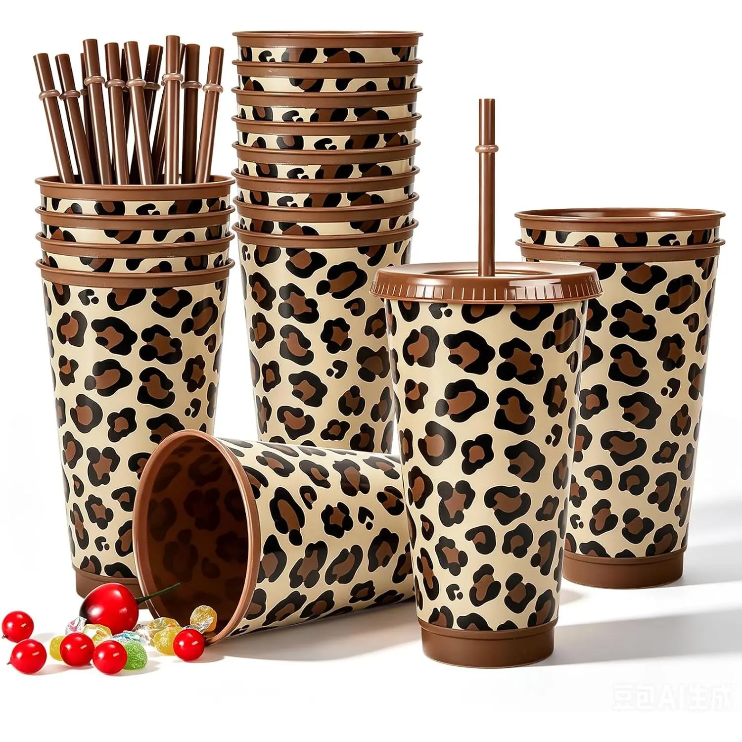 12 count Leopard Print Plastic Tumblers with  Straws  Cups 24oz Brown Safari   Print Travel Mug Cups for Iced Coffee Beverage Drinks Party Supplies