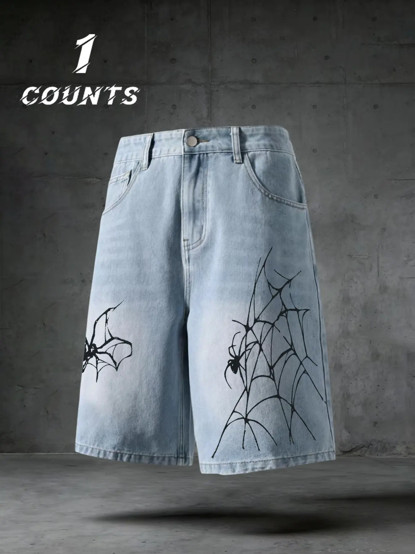 Men's Spring & Fall Casual Jeans Shorts, Loose Fit Light Blue, Vintage Spider Pattern, Street Style, Fashion Hip Hop, Outdoor Wear