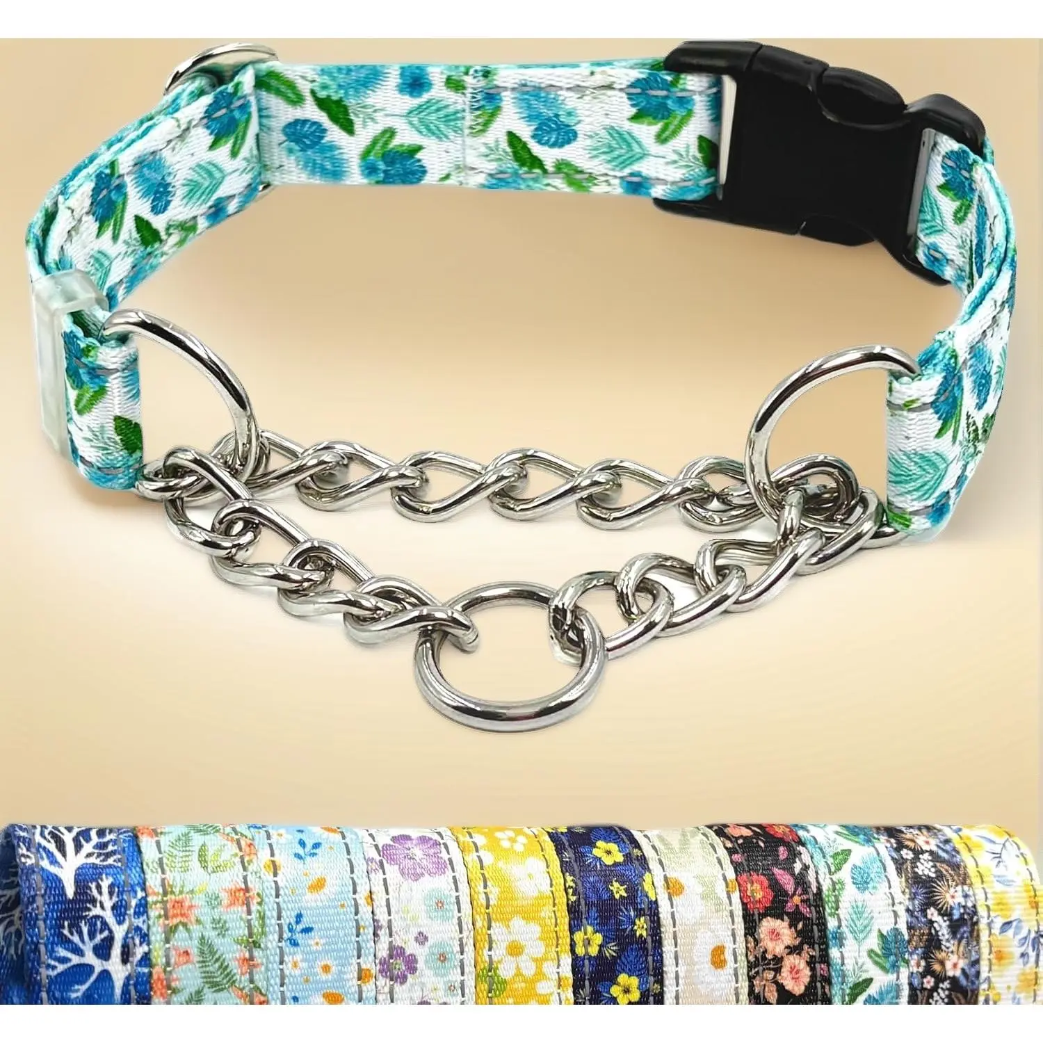 Reflective Martingale Dog Collar, Heavy Duty Stainless Steel Slip Training Collar with Quick Release Buckle, Adjustable Cute Pattern Nylon Collar for Small Medium Large Dogs