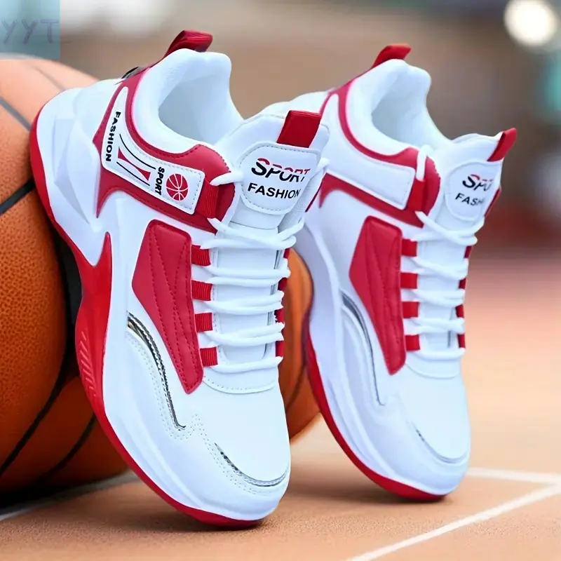 YYT1 Men's White Mid-Top Basketball Dad Shoes - Lace-Up, Lightweight, PU Fabric EVA Multi-Material, Casual Fit for Ballgames, Outdoor Sports
