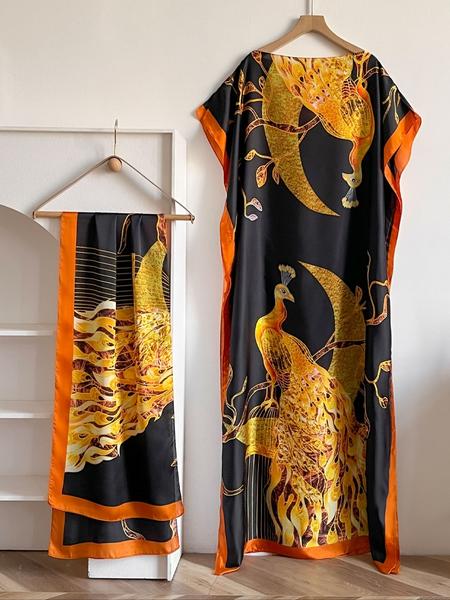 Women's Floral Print Long Sleeve Cape Shawl & Scarf Set, Elegant Casual Silk Scarf & Shawl Set for Beach Vacation, Boho Style Shawl, Fashion Accessories for Women