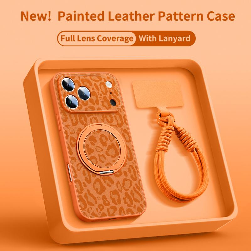 Phone Case - Leopard Pattern Phone Case for Iphone 17 Pro Max Faux Leather Pattern Phone Case 13 Equipped with a Rotating Bracket for Iphone 14  15Pro with Lanyard 17 iphone 12 Custom Monogram Striped Pink wildflower junk lurvia tripod 360 rotation