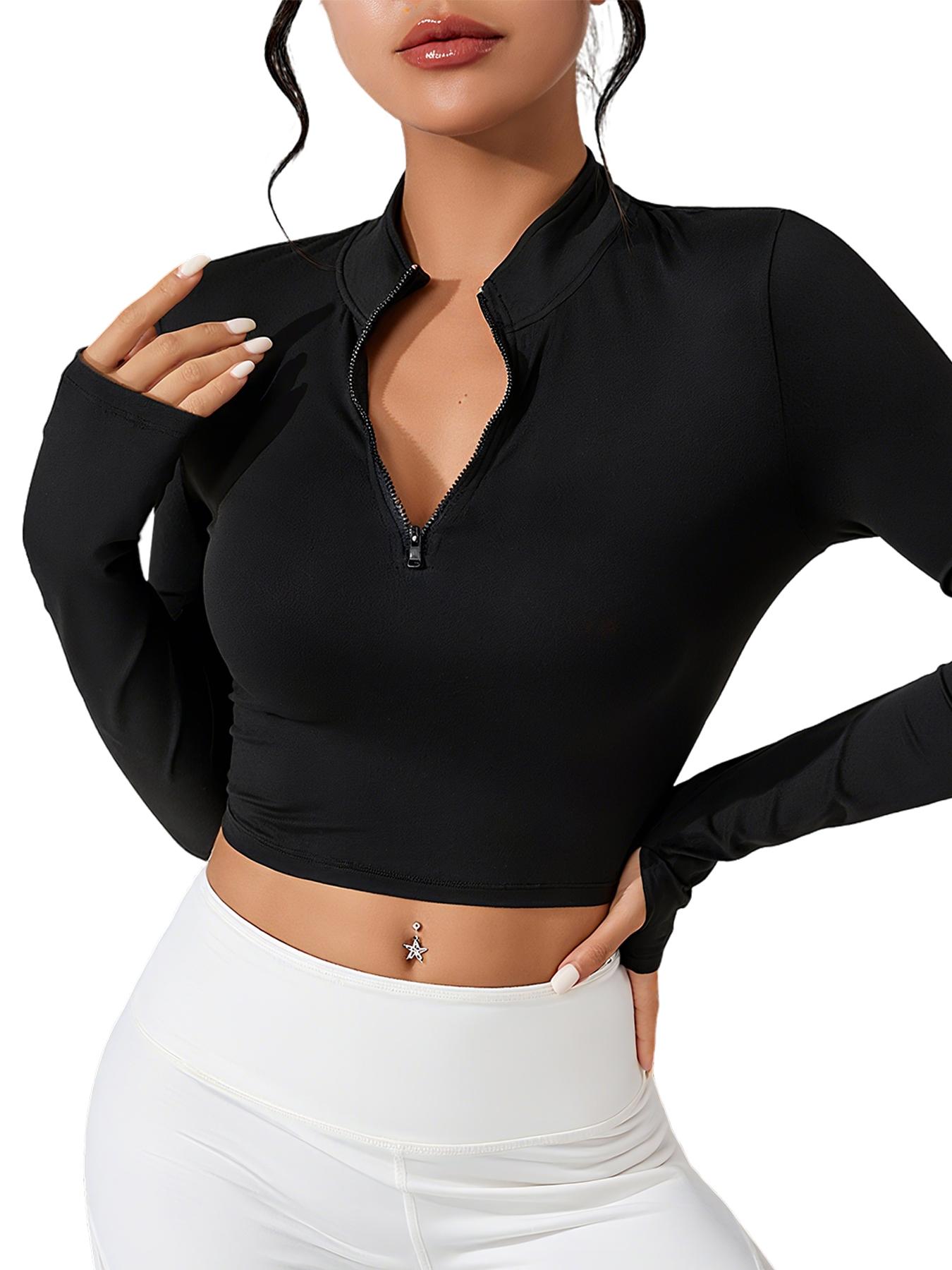 Women's Solid Thumb Hole Long Sleeve Crop Sports Tee, Casual Sporty Comfy Breathable Cropped Top for Yoga Gym Workout, Ladies Sportswear for All Seasons, Fitness Clothes Tops