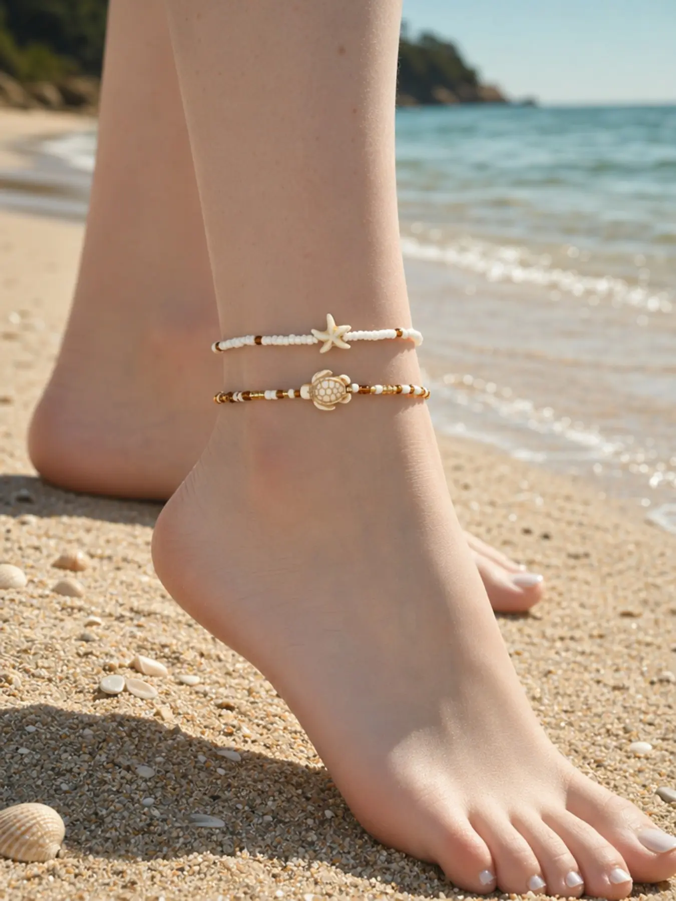 2-piece set Boho Beach Vacation Beaded Anklet Set, Sea Creature Foot Jewelry, Wearable Jewelry, Fashionable Summer Travel Accessories,