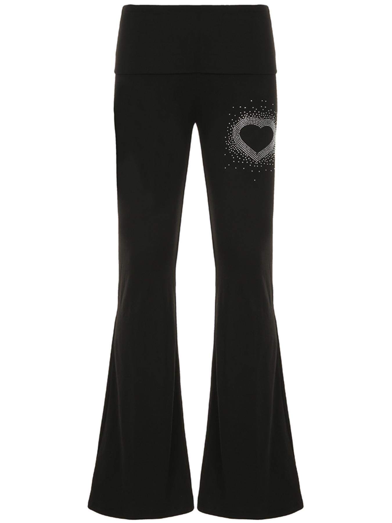 Women's Heart Shaped Rhinestones Flare Leg Pants, Fashion Casual Bell Bottom Trousers for Daily Wear, Ladies Bottoms for All Seasons Fit