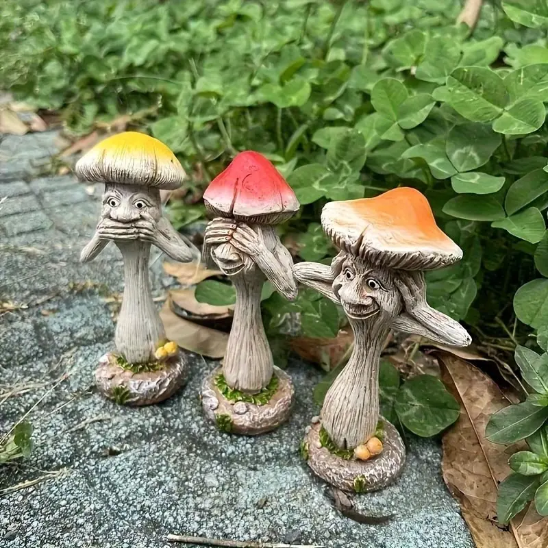 3-piece humorous mushroom garden statue, Resin sculptures - "No look, no listen, no speak" decorative item, with cute face, perfect for garden, patio, lawn, a unique Mother's Day gift, Fun Design, Durable outdoor statue, Exterior Decorative Statues