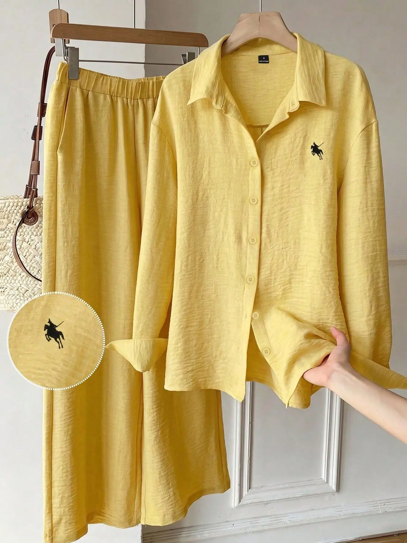 Women's Loose Fit Embroidered Shirt Set, Elastic Waist Pocket Wide Leg Pants, 2 Piece Casual, Comfortable Daily Wear