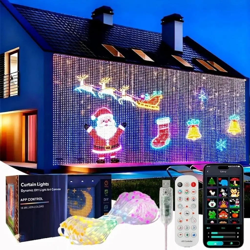 GCTECHING Smart LED Christmas Curtain Light APP Control RGB Dimmable DIY Pattern Music Ambient Lighting For Home Holiday Party Christmas Decoration
