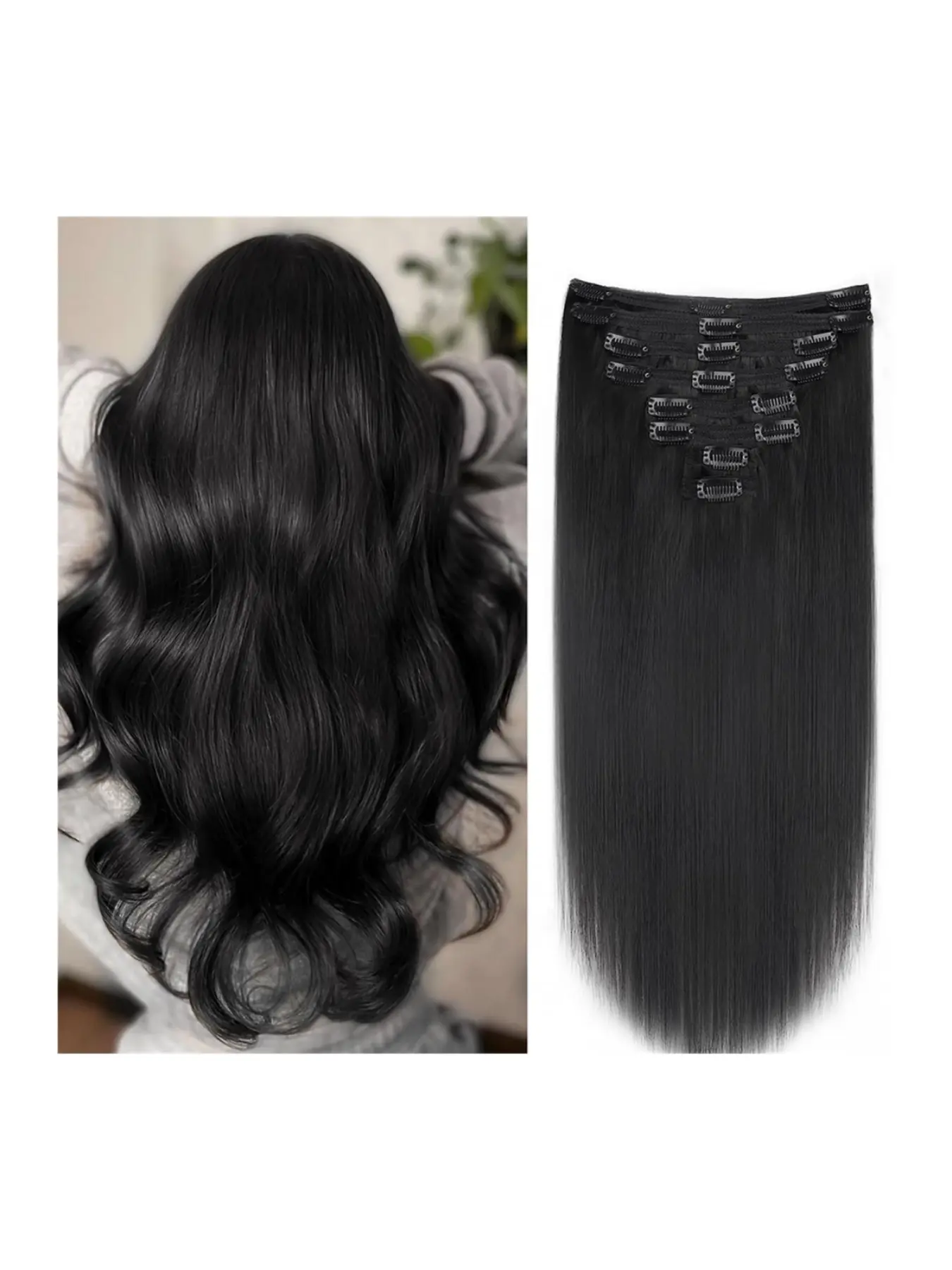 8PCS Human Hair Clip In Extensions Straight Hair Weft Set for Women Natural Black Clip Hair Extensions Add Length Volume Full Hair Style