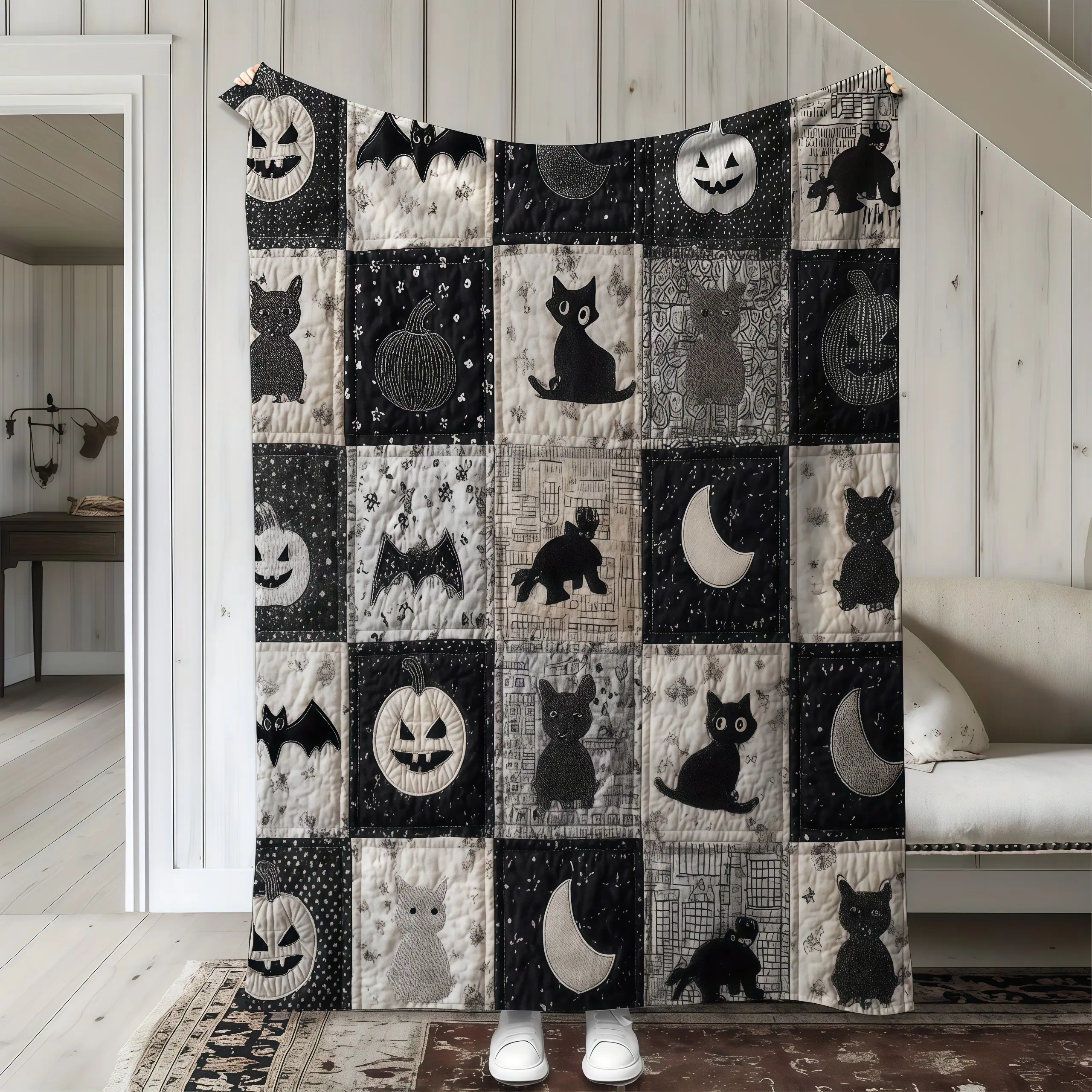 Halloween Black Cat Jack O Lantern Bat Moon Patchwork Quilt Flannel Blanket Soft Warm Throw Plush Blanket Minimal Vintage Farmhouse Halloween Aesthetic Bedroom Couch Nap Blanket Giftable Neutral Spooky Fall Decor Blanket For Room Party Day Gift Popular