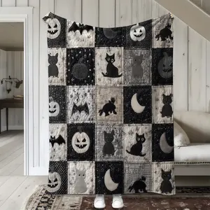 Halloween Black Cat Jack O Lantern Bat Moon Patchwork-style Print Flannel Blanket Soft Throw Plush Blanket Minimal Vintage Farmhouse Halloween Aesthetic Bedroom Couch Nap Blanket Giftable Neutral Spooky Fall Decor Blanket For Room Party Day Gift Popular