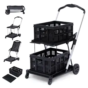 360 Rolling Utility Cart with Wheels Folding Shopping Cart Heavy Duty 2 Tier Metal Grocery Cart Foldable Hand Truck Platform Cart Mobile Organizer Storage Cart with Brake for Office Apartment Home Garage Package