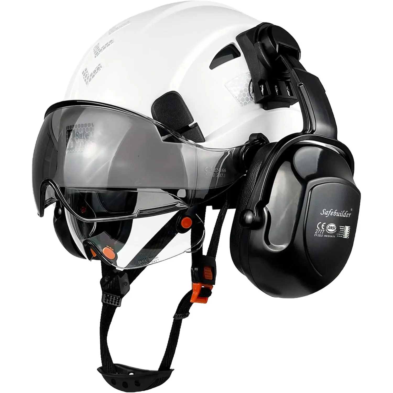 Vented Bump Cap with Flip-Up Tinted Visor, Detachable Ear Covers, 6-Point Dial Adjustable Secure Fit, Universal Side Slots, for Gardening, Outdoor Work, All Seasons, Flip-Up Visor, 1.10 Lb, 53–63Cm Head Size, Airflow Vents, Built-In Sliding Vents