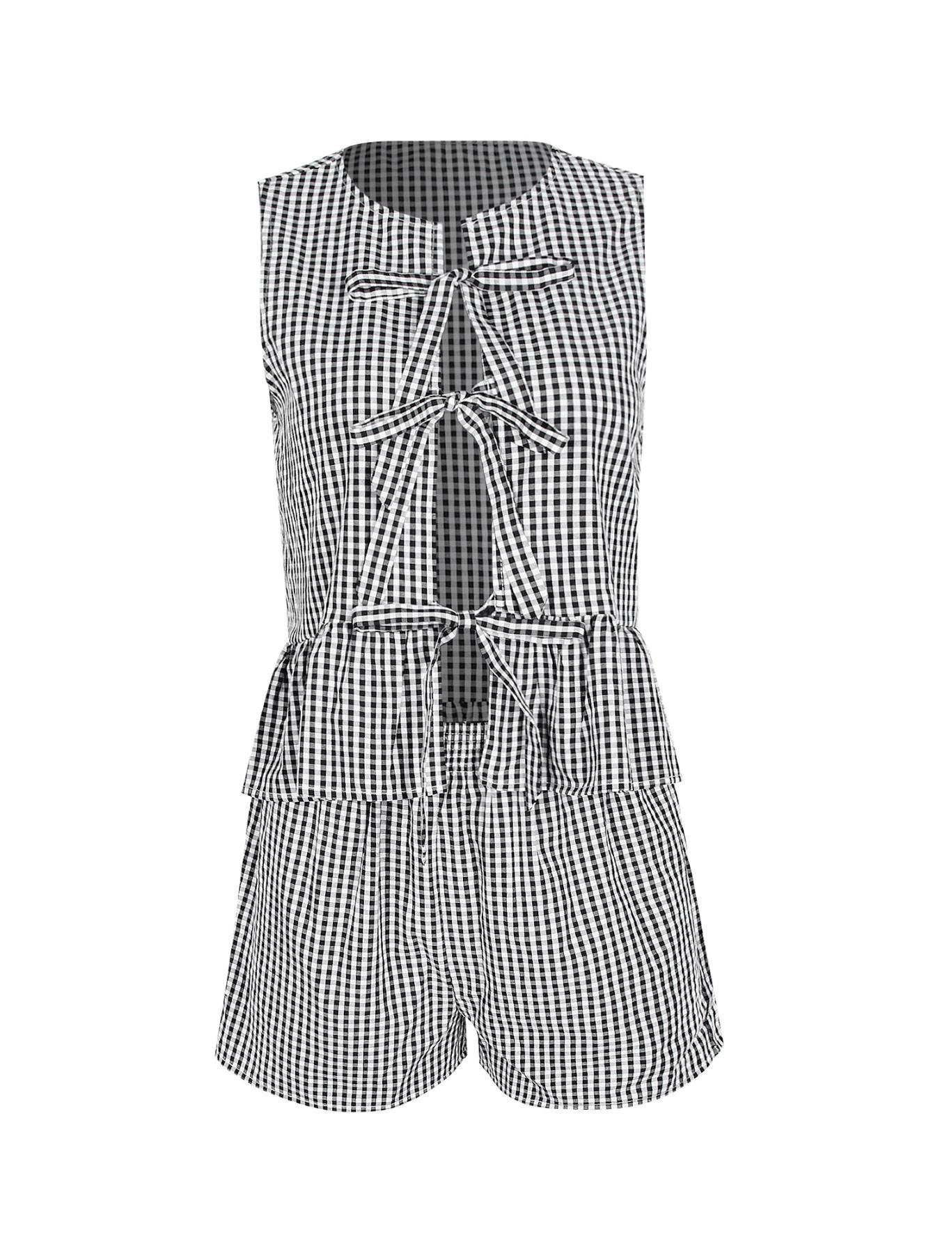 Women's Plaid Print Bow Crop Top & Shorts Two-Piece Set Womenswear, Casual Fashion Butterfly Sleeve Top & Shorts for Daily Outdoor Wear, Ladies Summer Clothes