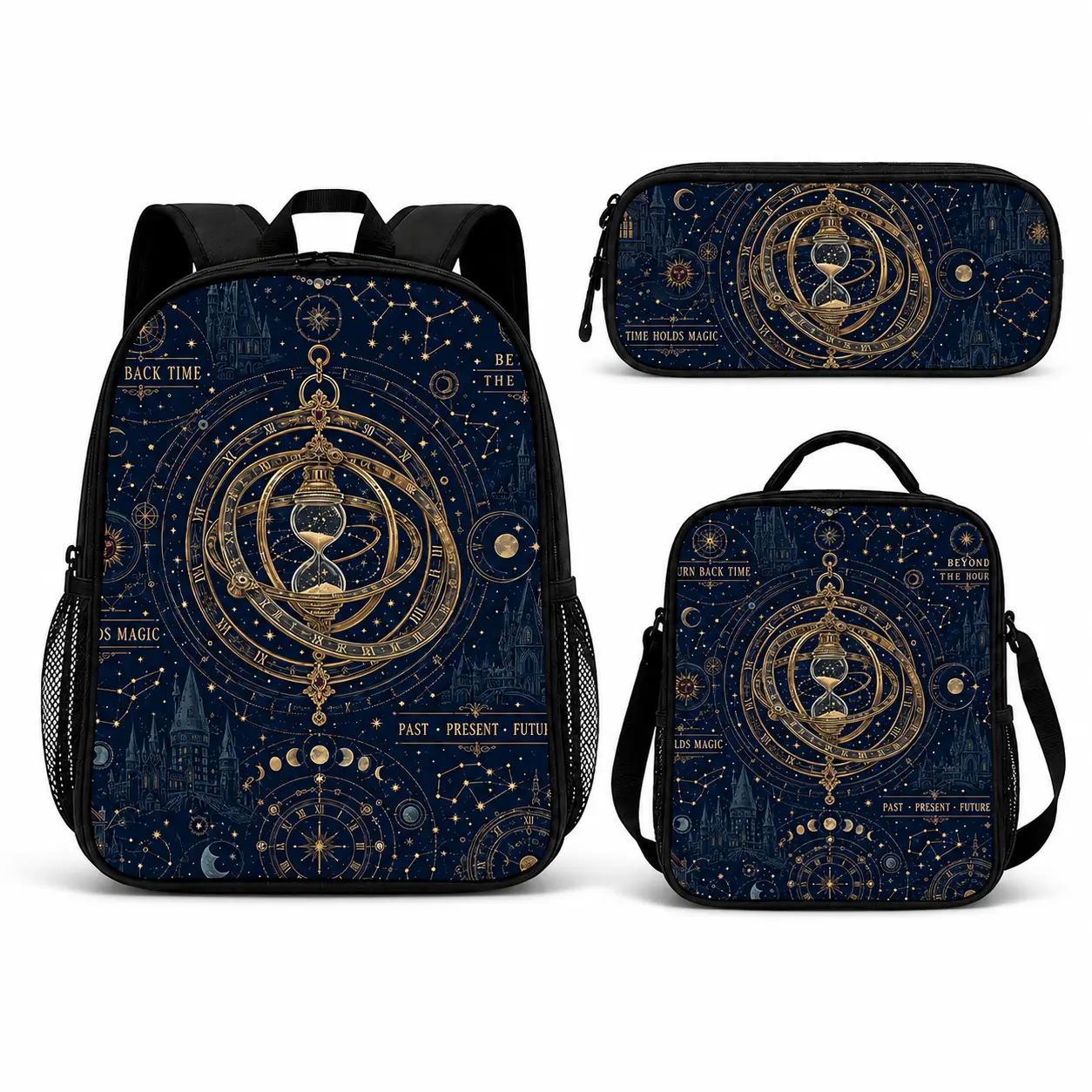 [Warner bros]Harry Potter 3 Piece Backpack Set with Lunch Bag & Pencil Case, Navy Celestial Time Turner Print, Back to School Bookbag for Kids Teens,bookbag,school backpack, multiple style,casual daypack backpackk,anime backpack,pencil bag,jester backpack