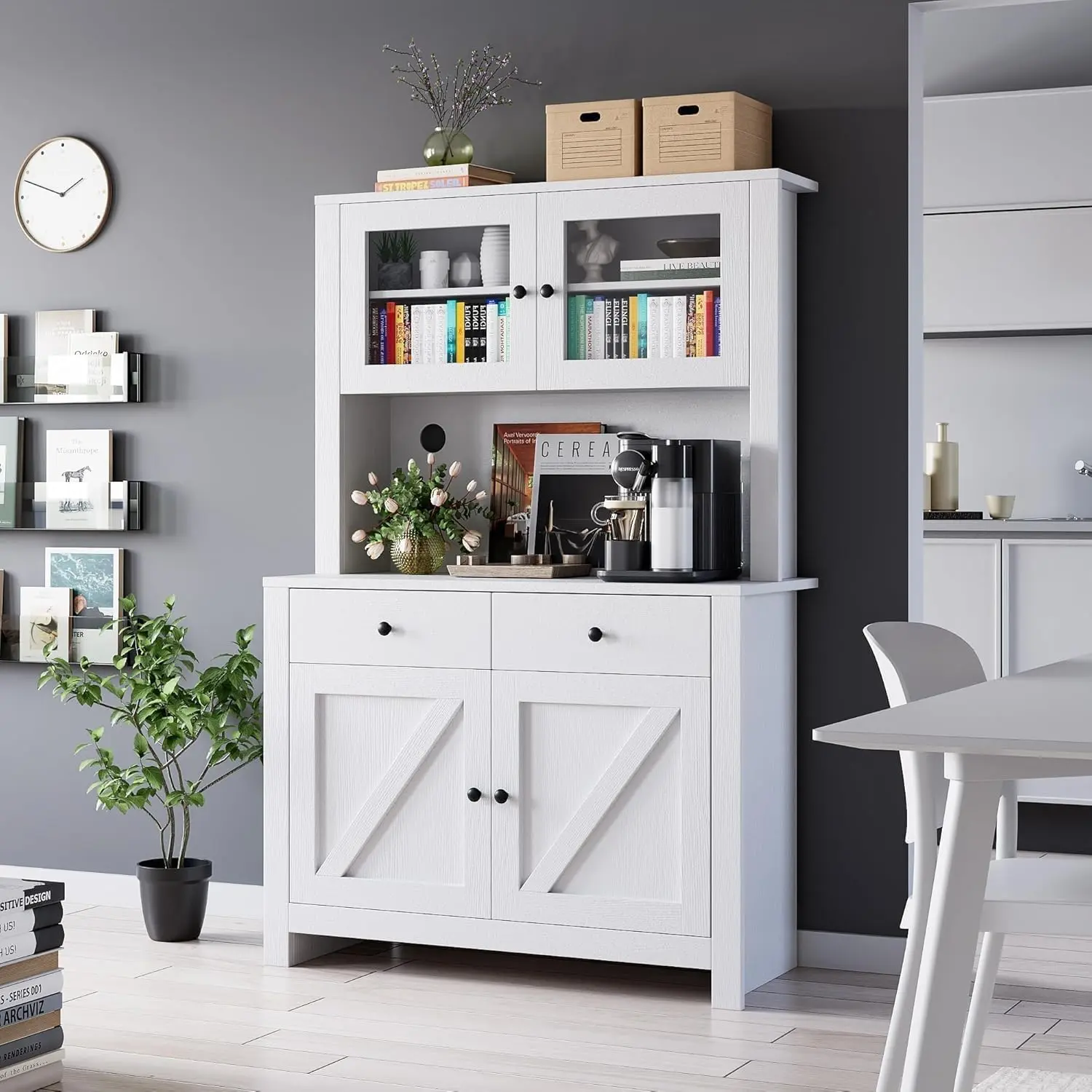 Kitchen Wall Cabinet with Microwave Stand, Hutch, Buffet Cupboard and Adjustable Shelves for Kitchen, Dining Room