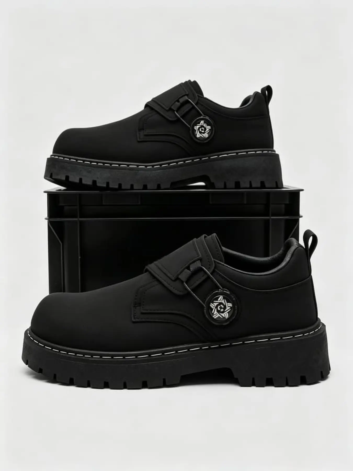 Men matte dark waterproof work leather slides velcro closure rotary decor jagged thick sole trendy street commute shoes Artistic Streetwear Shoes