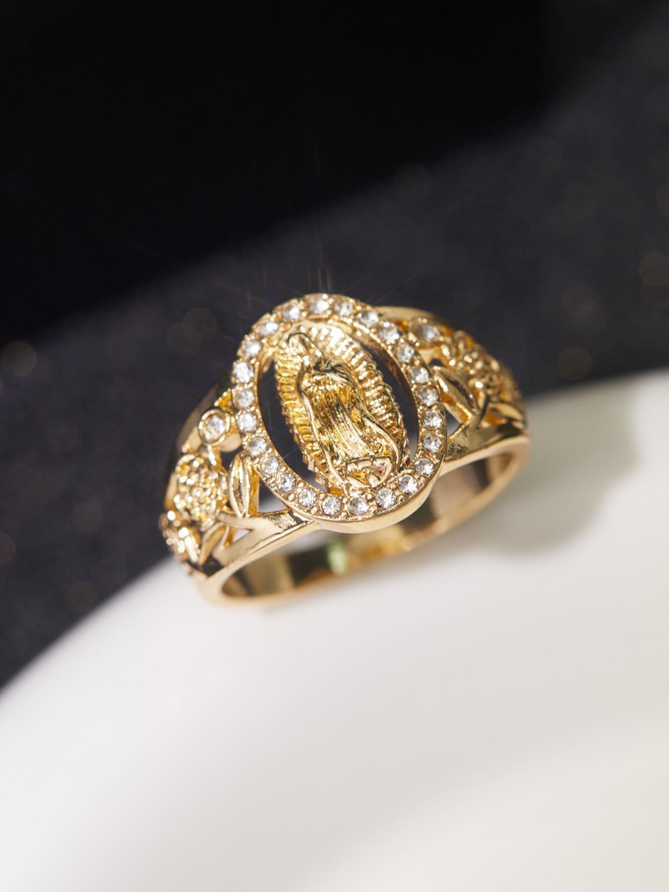 Unisex Punk Style Virgin Mary Design Ring, Rhinestone Decor Ring for Daily & Party Wear, Trendy All-match Vintage Jewelry for Birthday Gift, Statement Ring