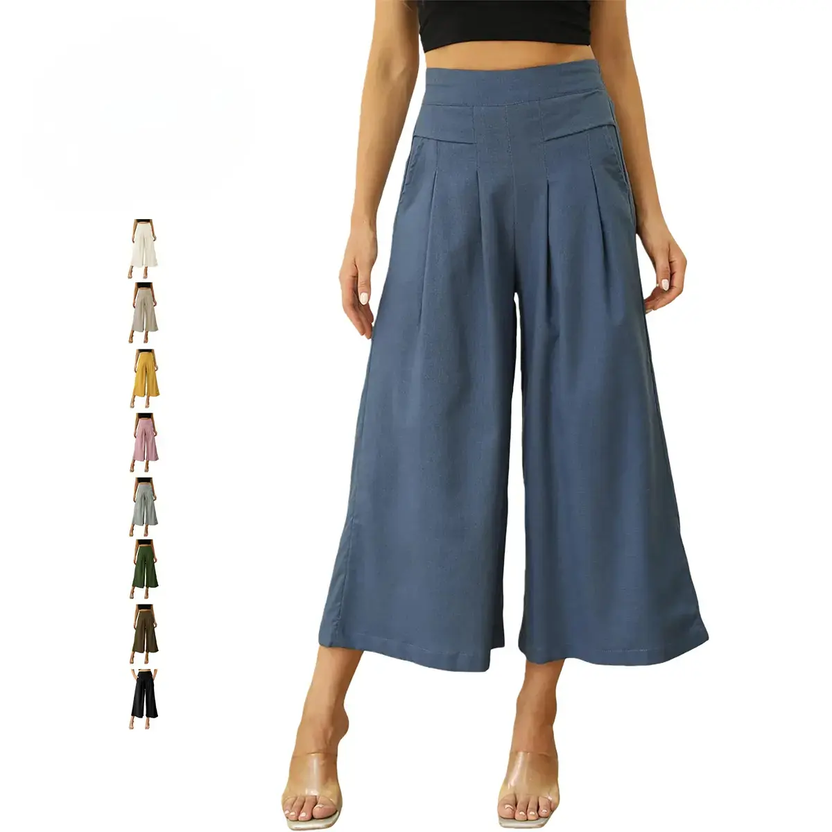 Women's Cotton Linen Wide Leg Culottes Bottoms - Elastic Waist, Pockets, Minimalist Basic Casual Women's Clothes Capri Pants,summerwins,summeroutfits,vacationoutfits,beachoutfits,back to school shopping