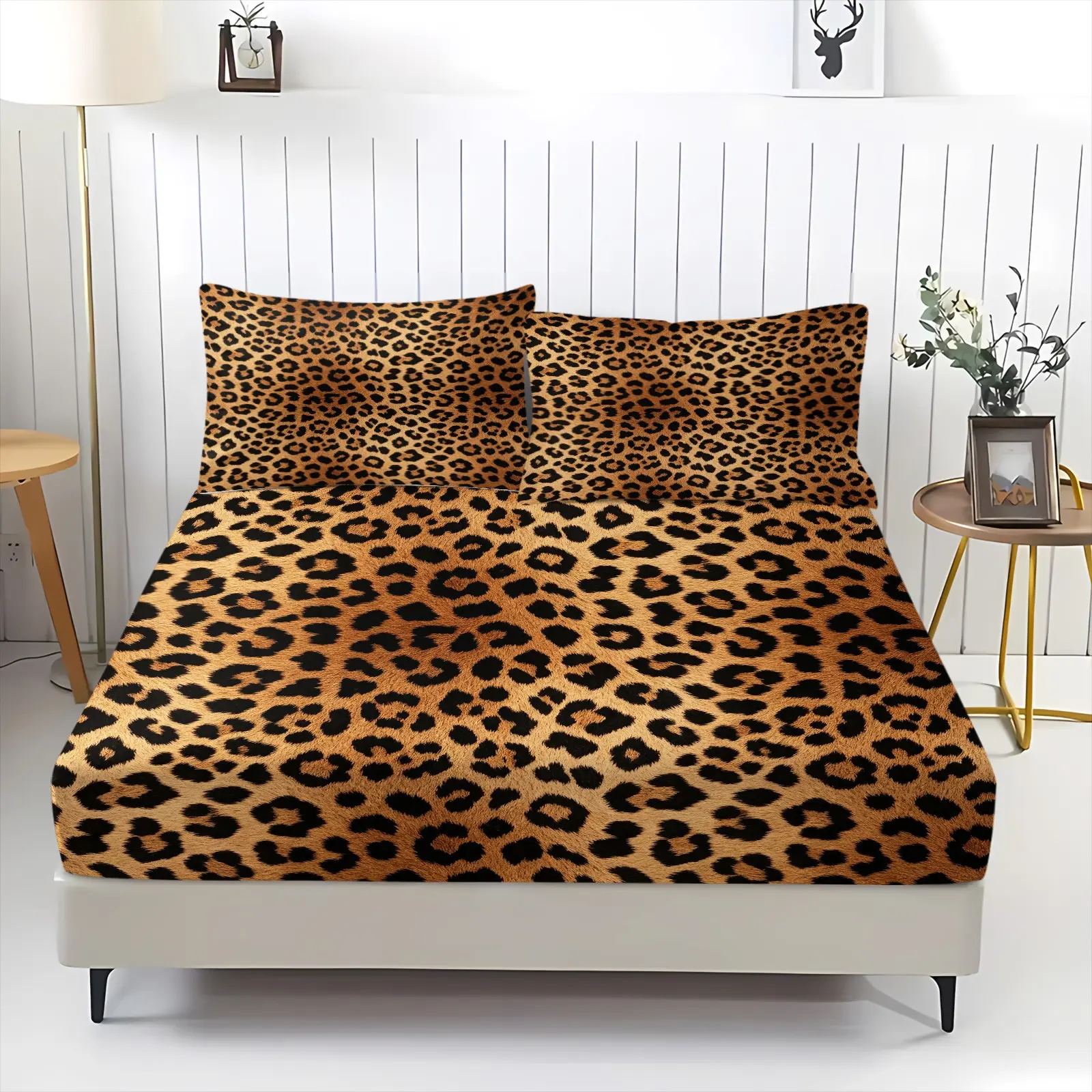 3Pcs Multi-Sizes Polyester Fitted Sheet Set - Deep Pocket,Durable,Bold Leopard Animal Print,Stretchy Polyester Fabric Fit,Golden Brown and Black Leopard Spot Print,Bedroom Decor Upgrade,Guest Room Styling,Ideal for Home Decor Enthusiasts,Bedding Sheets