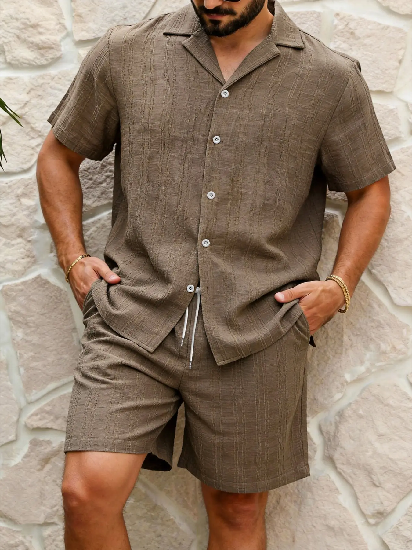 Men's Summer Casual 2-Piece Set, Hawaiian Style, Fashion Suit Collar Striped Short Sleeve Shirt with Drawstring Pants, Ideal Gift, Clothes